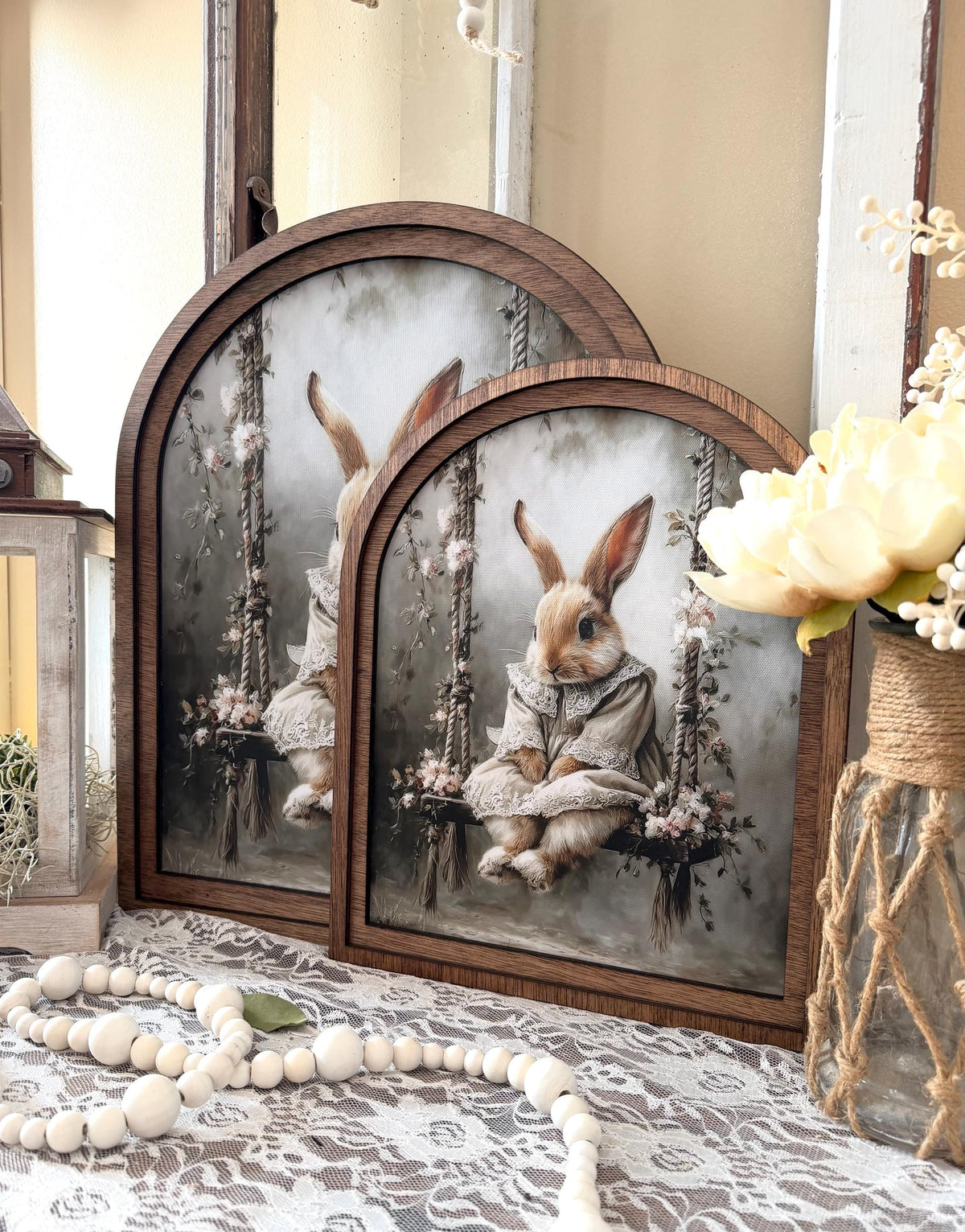 Cute bunny Easter Farmhouse Decor, Spring Easter Bunny Wood framed Art, table top arch sign