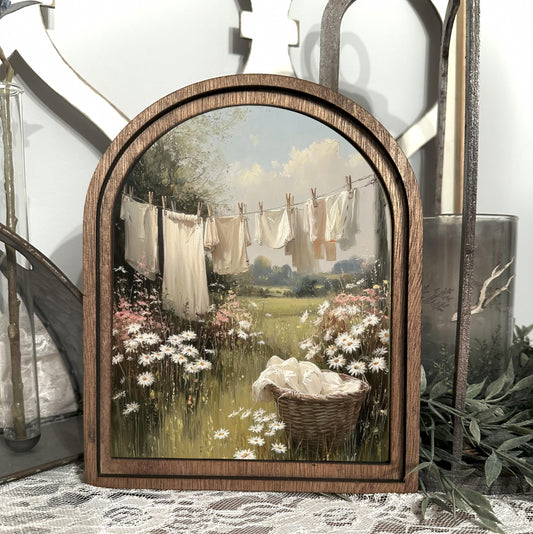 Rustic Farmhouse Laundry Art – Wood Arch Framed Wall Decor – Cottage Style Laundry Room Accent