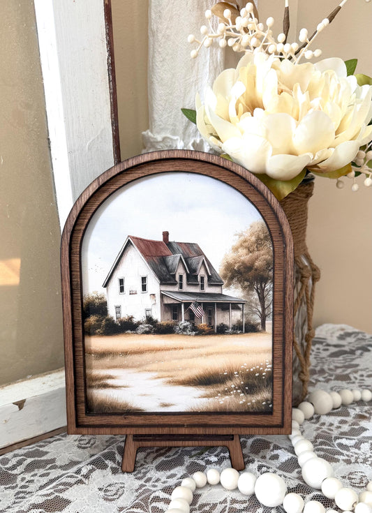 Patriotic Wood Framed Arched Canvad Print, Farmhouse Rustic Barn framed Canvas Print, Home Accent Decor