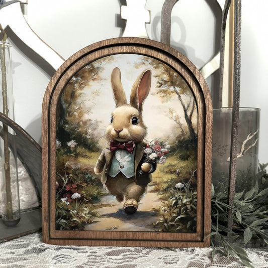 arched frame vintage storybook bunny, Framed Canvas easter bunny art, Spring Mantle Decor