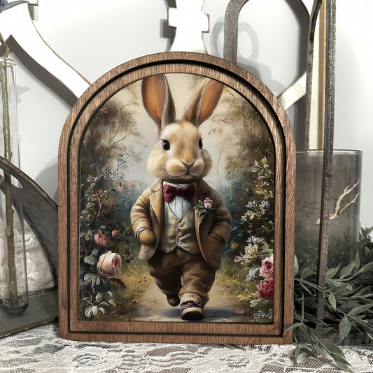 arched frame vintage storybook bunny, Framed Canvas easter bunny art, Spring Mantle Decor