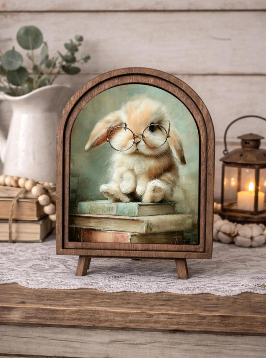 Cute easter bunny books arched frame home accent, Farmhouse spring shelf sitter, Wood framed easter canvas art