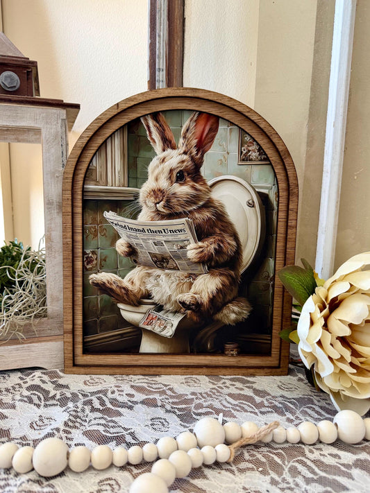 Vintage Farmhouse Easter Bunny Wall Art, Wood Framed Canvas Print, Rustic Spring Decor, Shabby Chic Animal Bathroom Art