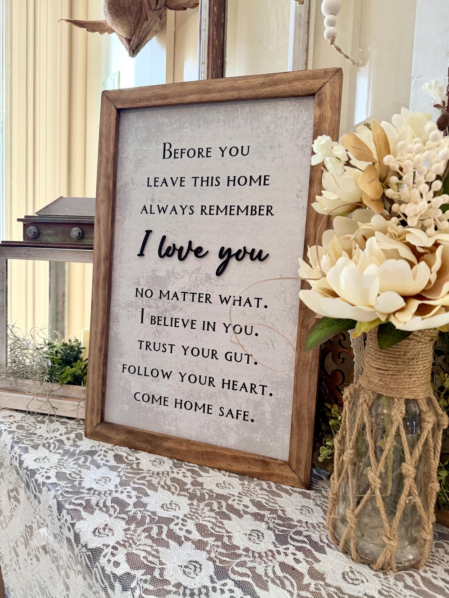 Before you leave this home come home safe wood framed wall sign farmhouse framed wall decor entryway foyer art