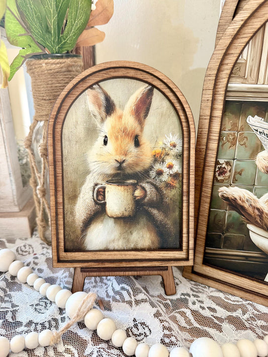 Rustic Bunny wood framed Canvas Sign | Arched Wood Frame | Farmhouse Spring Decor | Easter Coffee Shelf Sitter |