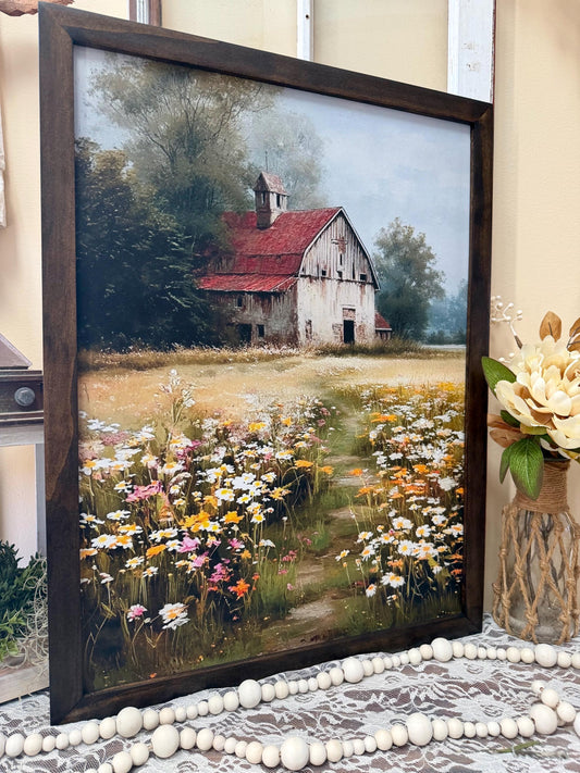 Rustic Barn Canvas Wall Art • Farmhouse Flower Field Print • Vintage Country Barn Decor • Wood Framed Landscape Art