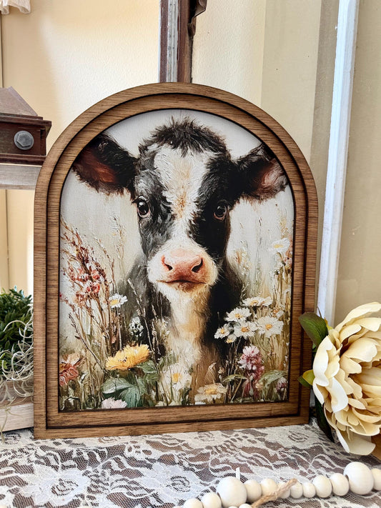 Cow Spring Arch Mini Tabletop Framed Sign | Cute Farmhouse Cow Wood Framed Mantle Decor for Rustic Home Decor