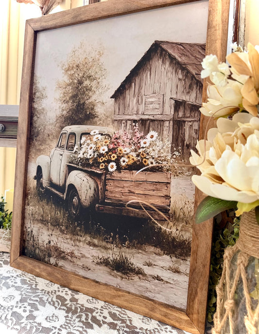 Rustic Farm Truck Canvas Art, Vintage Farmhouse Wall Decor, Wood Framed Canvas Print, Country Barn Truck with Wildflowers, Cottage Farmhouse