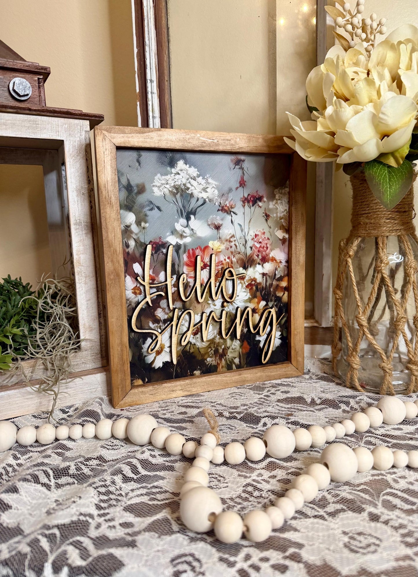 Wildflower Floral Wall Art Natural Wood Framed Canvas Art Rustic Farmhouse Flower Print Neutral Botanical Home Decor