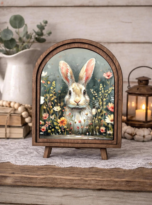 Spring Bunny Wood Framed Arch Decor, Easter Rabbit Tabletop Home Accent, Hostess Easter Gift