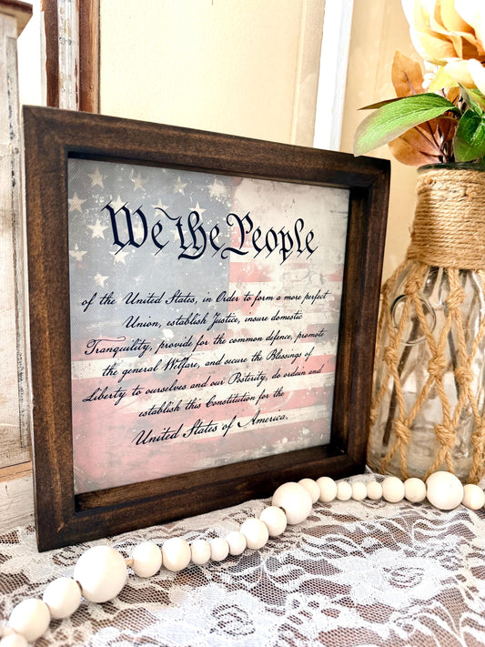 Patriotic Wood Framed Sign, We The People Decor, Americana Farmhouse Sign, Fourth of July Shelf Decor, Rustic USA Home Decor