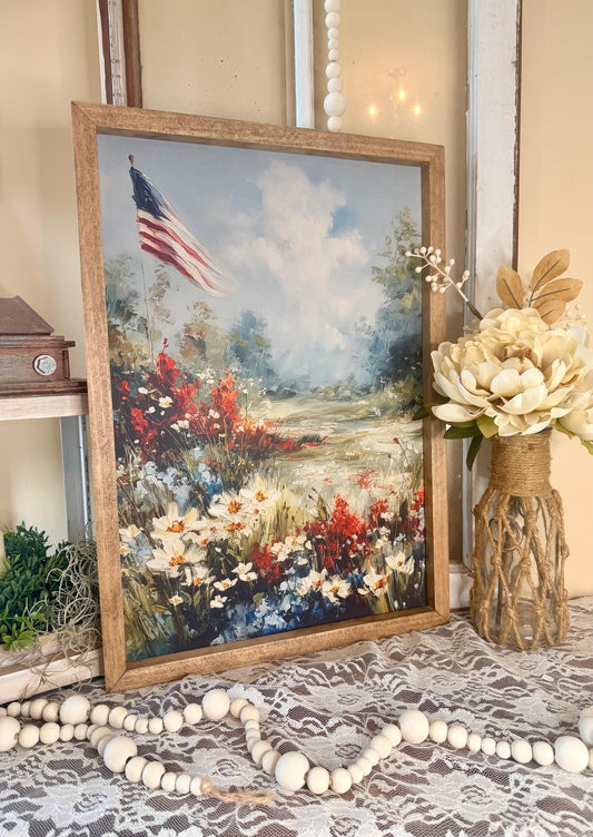 Patriotic Wood Framed Canvas Art, American Flag Floral Wall Decor, Rustic Americana Home Accent, Fourth of July Decor, Farmhouse Shelf Art