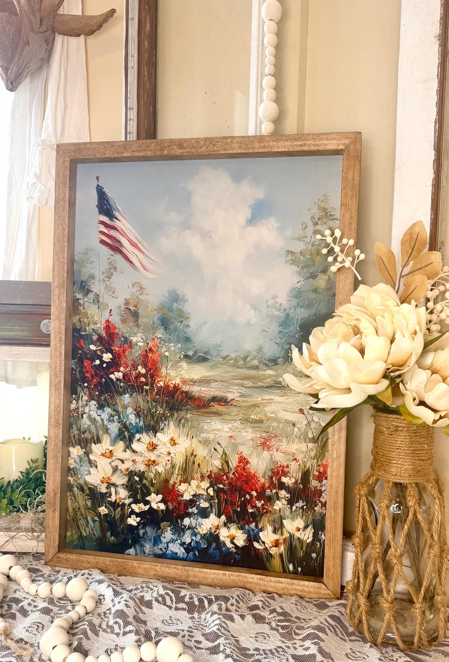 Patriotic Wood Framed Canvas Art, American Flag Floral Wall Decor, Rustic Americana Home Accent, Fourth of July Decor, Farmhouse Shelf Art