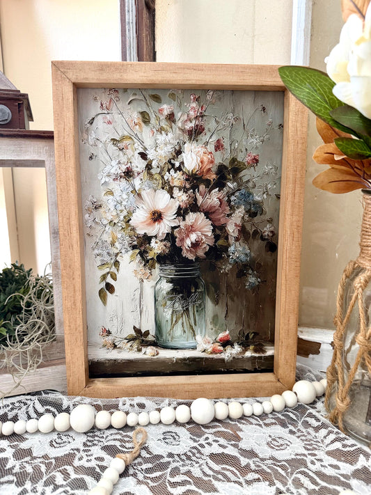 Floral Mason Jar Wall Art, Wood Framed Canvas Sign, Cottagecore Wall Decor, Vintage Flower Print, Farmhouse Floral Decor