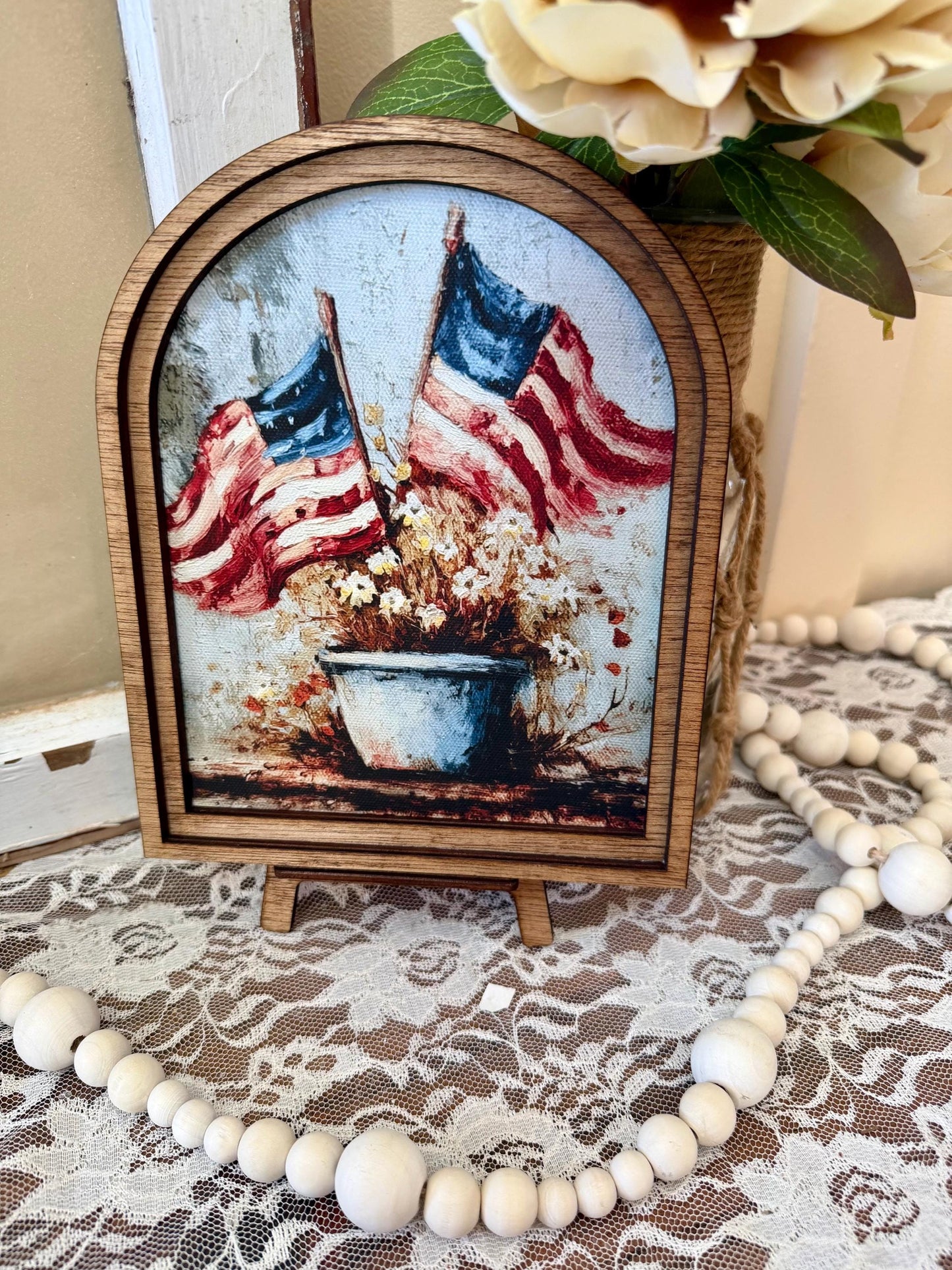 Patriotic Wood Framed Arch Canvas Art, American Flag Decor, Rustic Farmhouse 4th of July Home Accent, USA Flag Floral Art, Shelf Mantel Deco