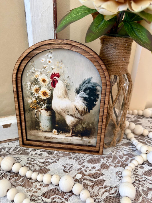 Farmhouse Rooster Arch Sign, Wood Framed Canvas Art, Rustic Kitchen Decor, Cottage Core Wall Art, Country Chicken Print, Shelf Sitter Decor