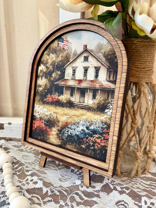 Patriotic Wood Framed Arched Canvas Decor | Americana Cottage Home Accent | Rustic 4th of July Shelf Sitter