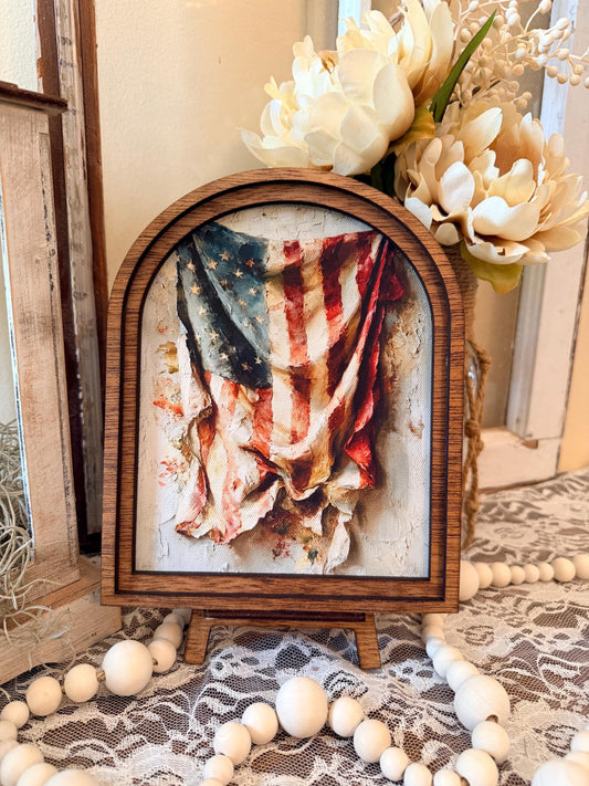 Patriotic Americana Arched Wood Frame Canvas Art | 4th of July American Flag | Rustic Farmhouse Shelf Sitter | Independence Day Home