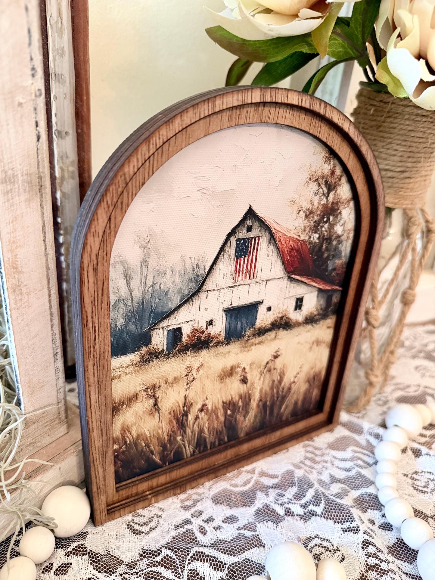 Patriotic Farmhouse Arched Wood Frame Canvas Art | American Flag Barn Shelf Sitter | Rustic 4th of July Home Accent | Tiered Tray Decor