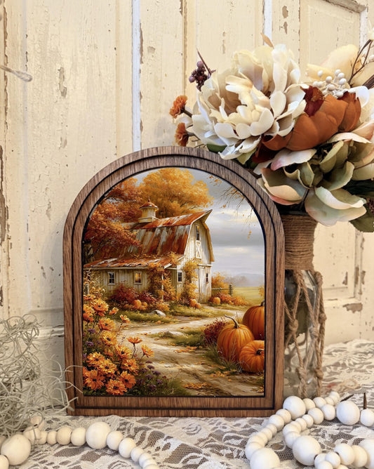 Country Barn Landscape Autumn Canvas Wood Framed Arched Shelf Sitter Mantel Decor, Farmhouse Fall Art, Cozy Fall Home Accent