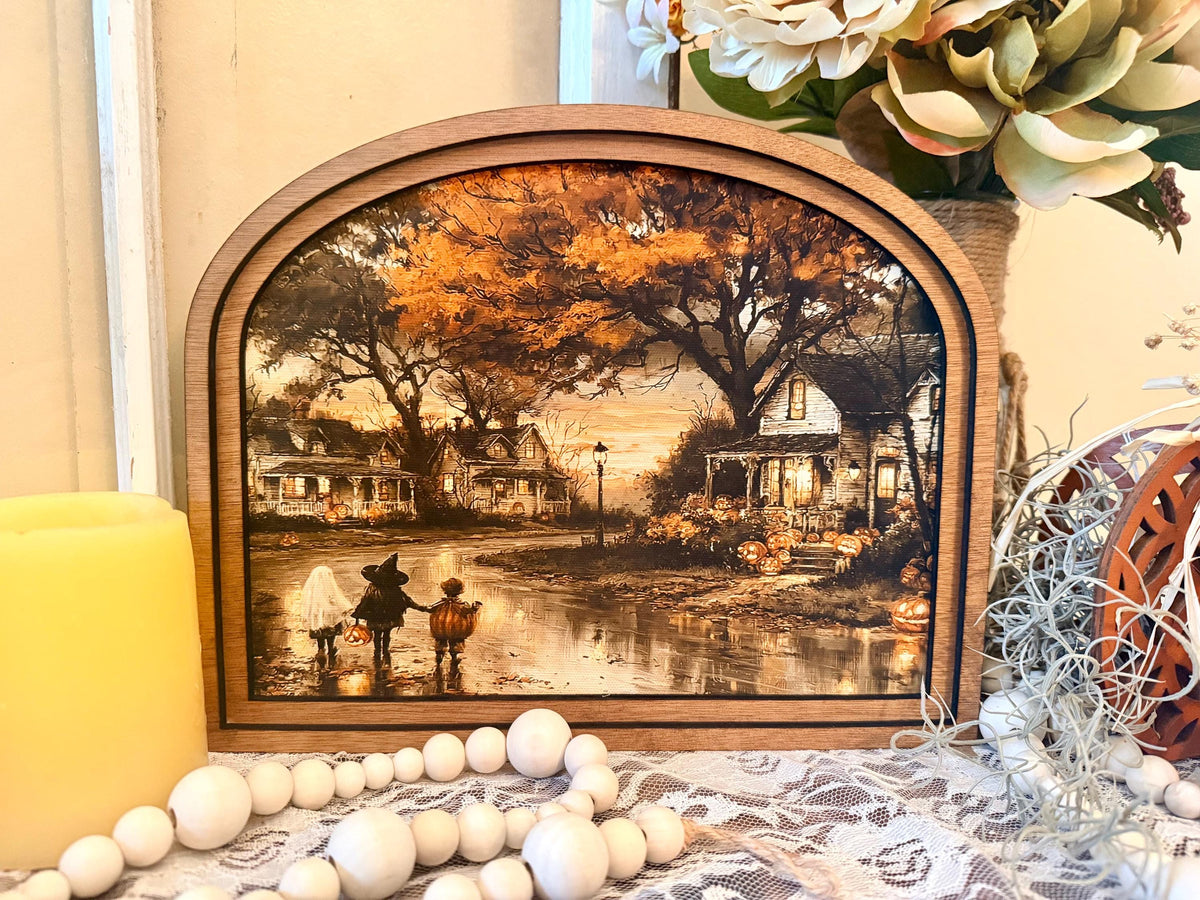 Rustic Halloween Wood Framed Arch Trick Or Treat Fall Decor Sign, Farmhouse Tiered Tray Tabletop Art