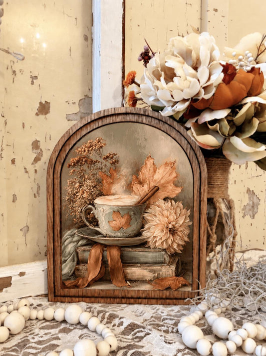Fall Coffee Bar Wood Framed Arch Sign, Autumn Farmhouse Decor, Thanksgiving Kitchen Wall Art, Rustic Harvest Home Accent