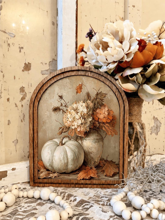 Fall Farmhouse Decor, Autumn Pumpkin Wall Art, Wood Framed Arch Sign, Rustic Fall Home Decor, Vintage Floral Pumpkin Art, Thanksgiving Decor
