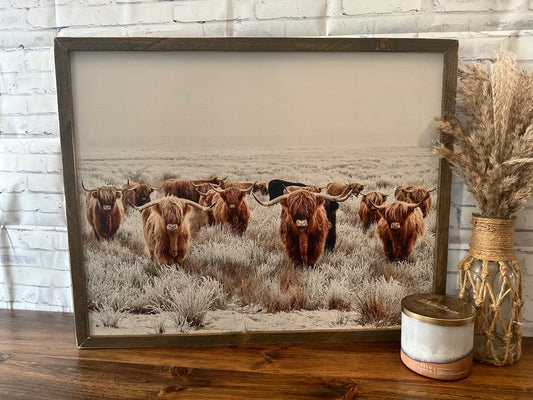 A Field of Highlands framed farmhouse wood sign