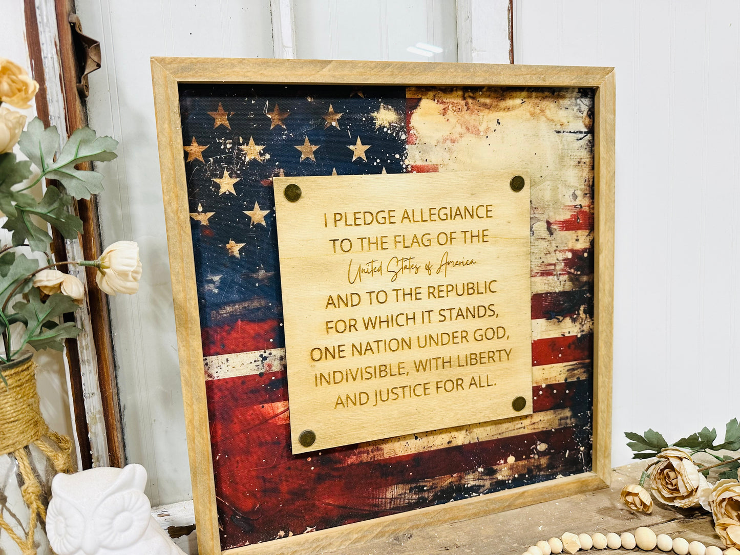 I Pledge of Allegiance distressed American flag framed canvas sign