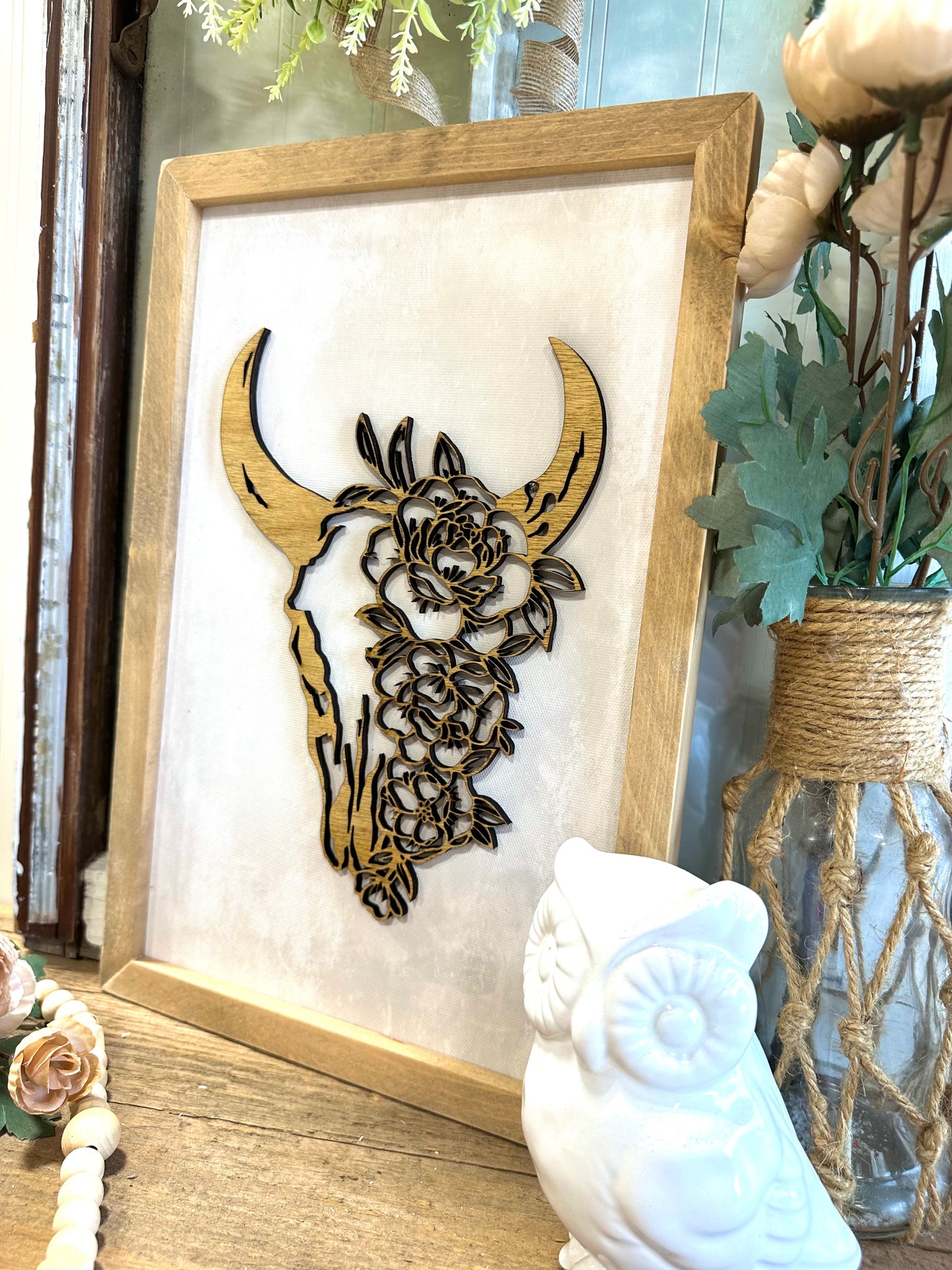 Floral bull skull wooden framed sign