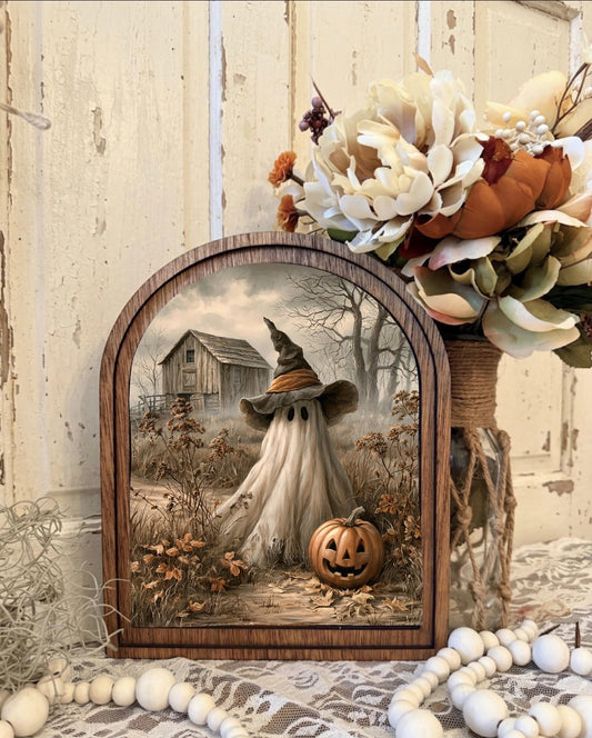 Wooden Arch Framed Halloween Country Ghost Canvas Home Accent