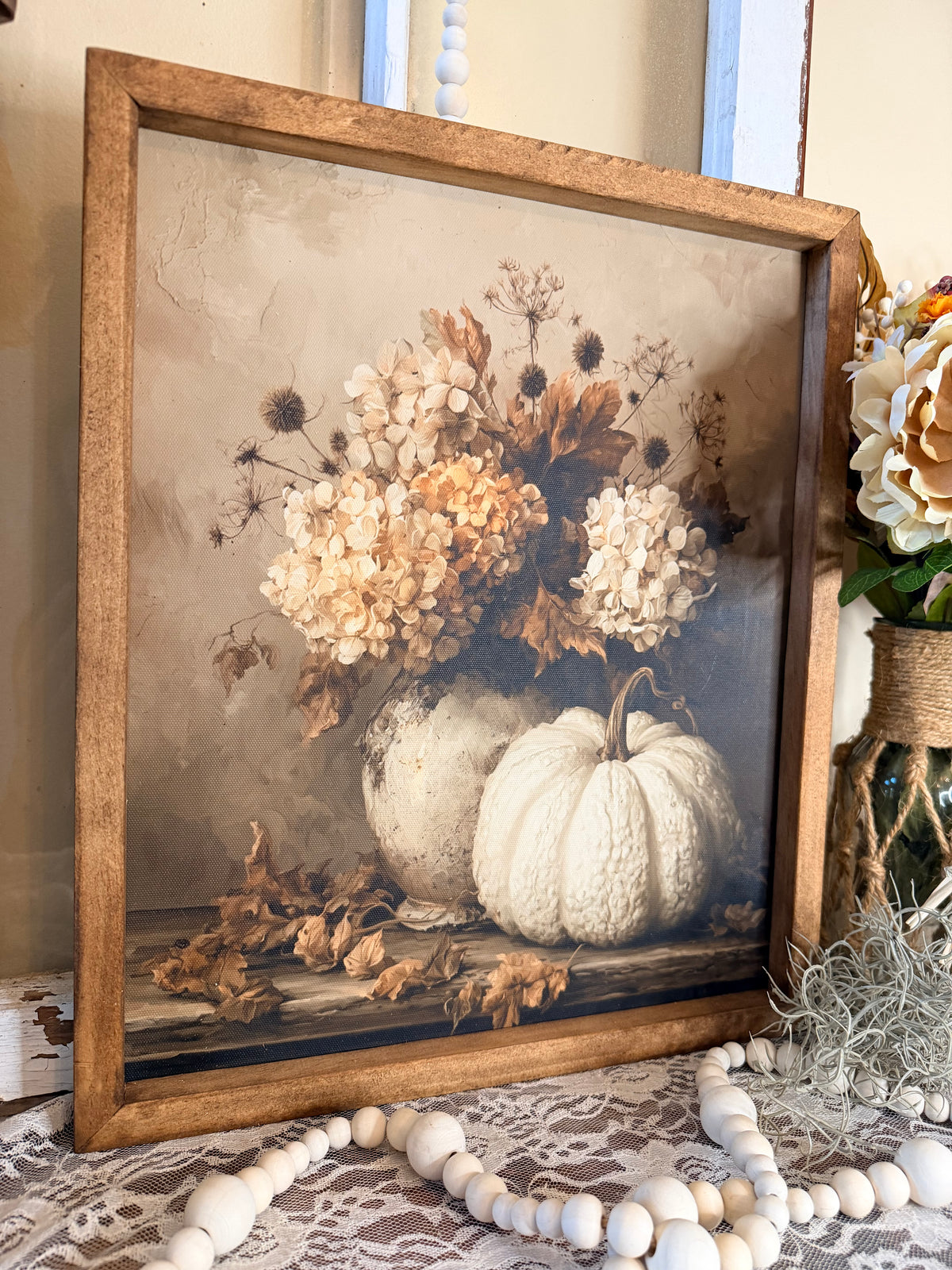 Handmade Wood Framed Fall Botanical Canvas Wall Art | Vintage Autumn Floral & Pumpkin Farmhouse Decor