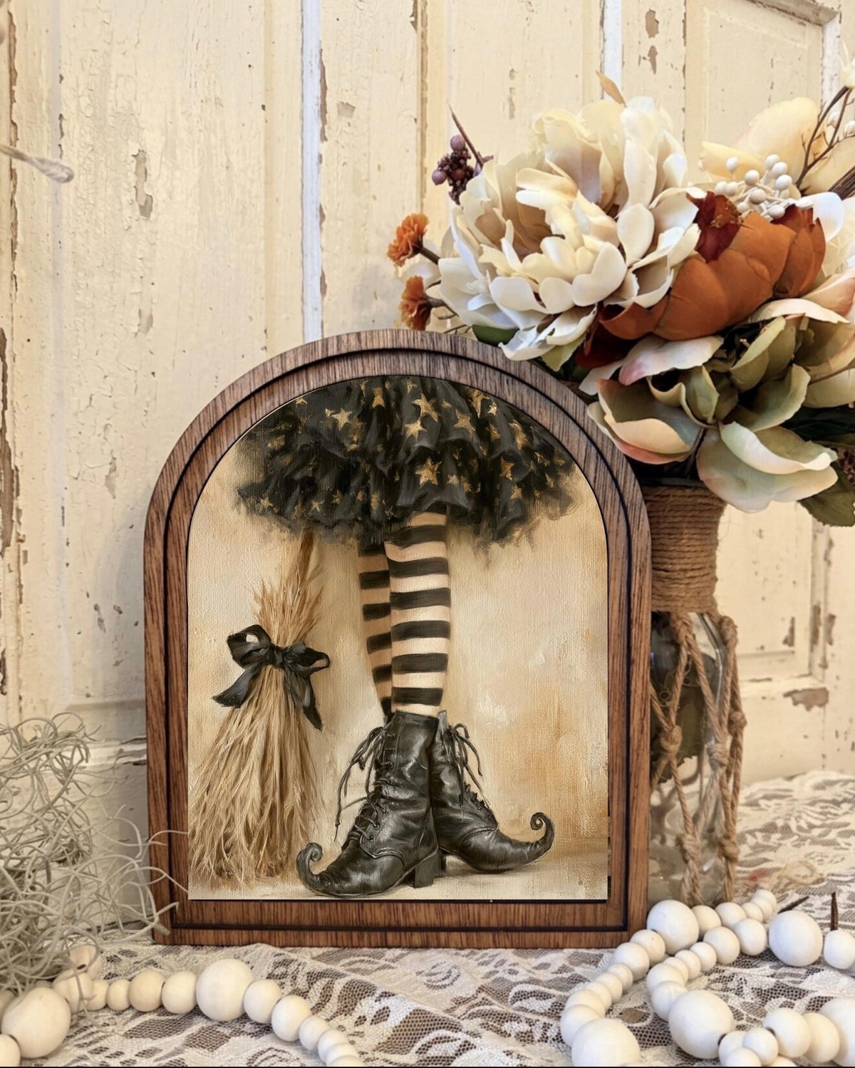 Wooden Arch Framed Halloween Witch Shoes Canvas Home Accent