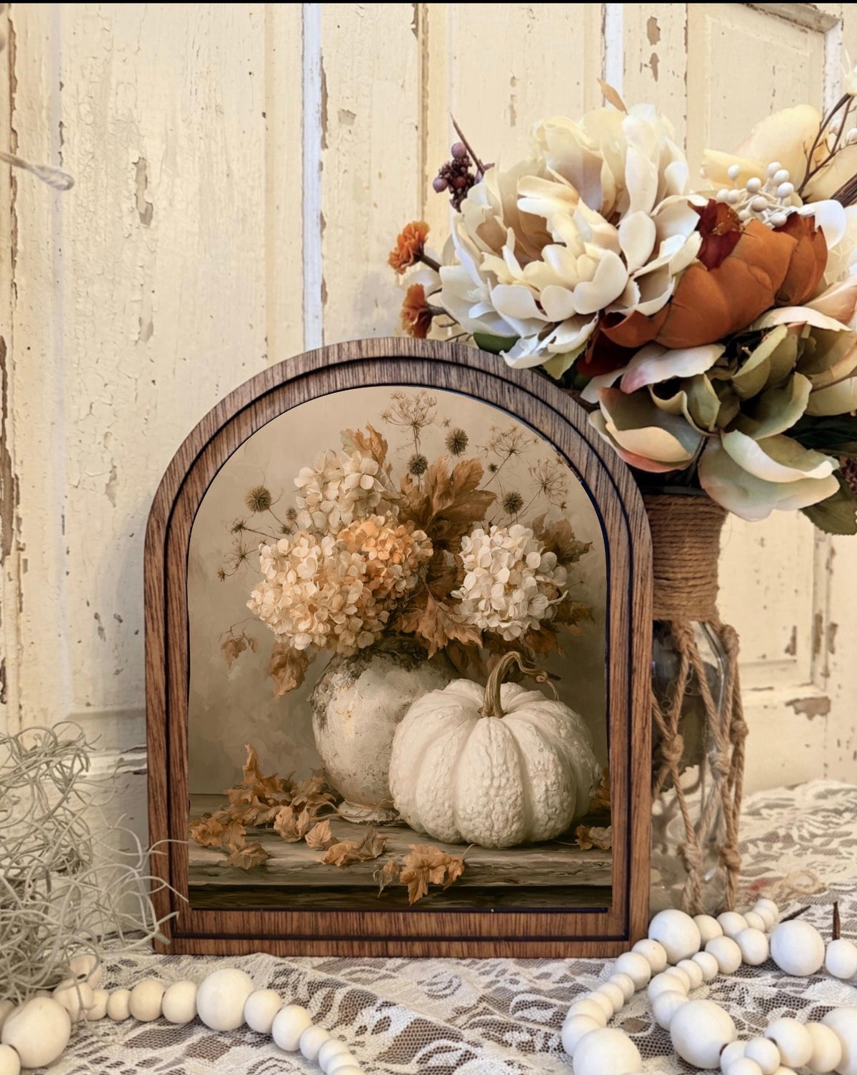 Wooden Arch Framed Autumn Florals Canvas Home Accent