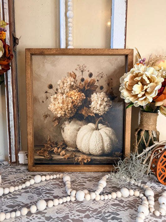 Handmade Wood Framed Fall Botanical Canvas Wall Art | Vintage Autumn Floral & Pumpkin Farmhouse Decor