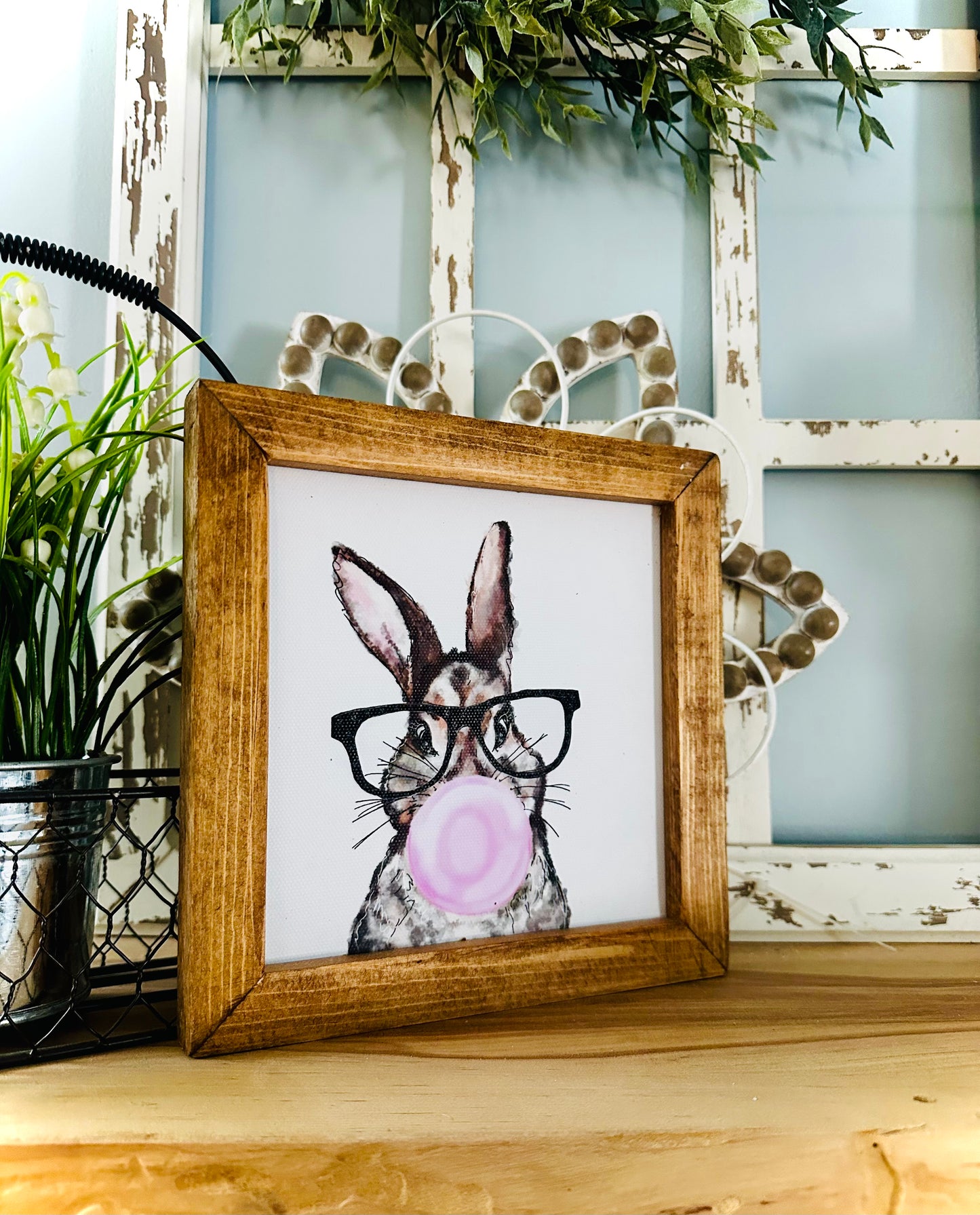 Whimsical Easter bunny bubble gum mini wood framed canvas print