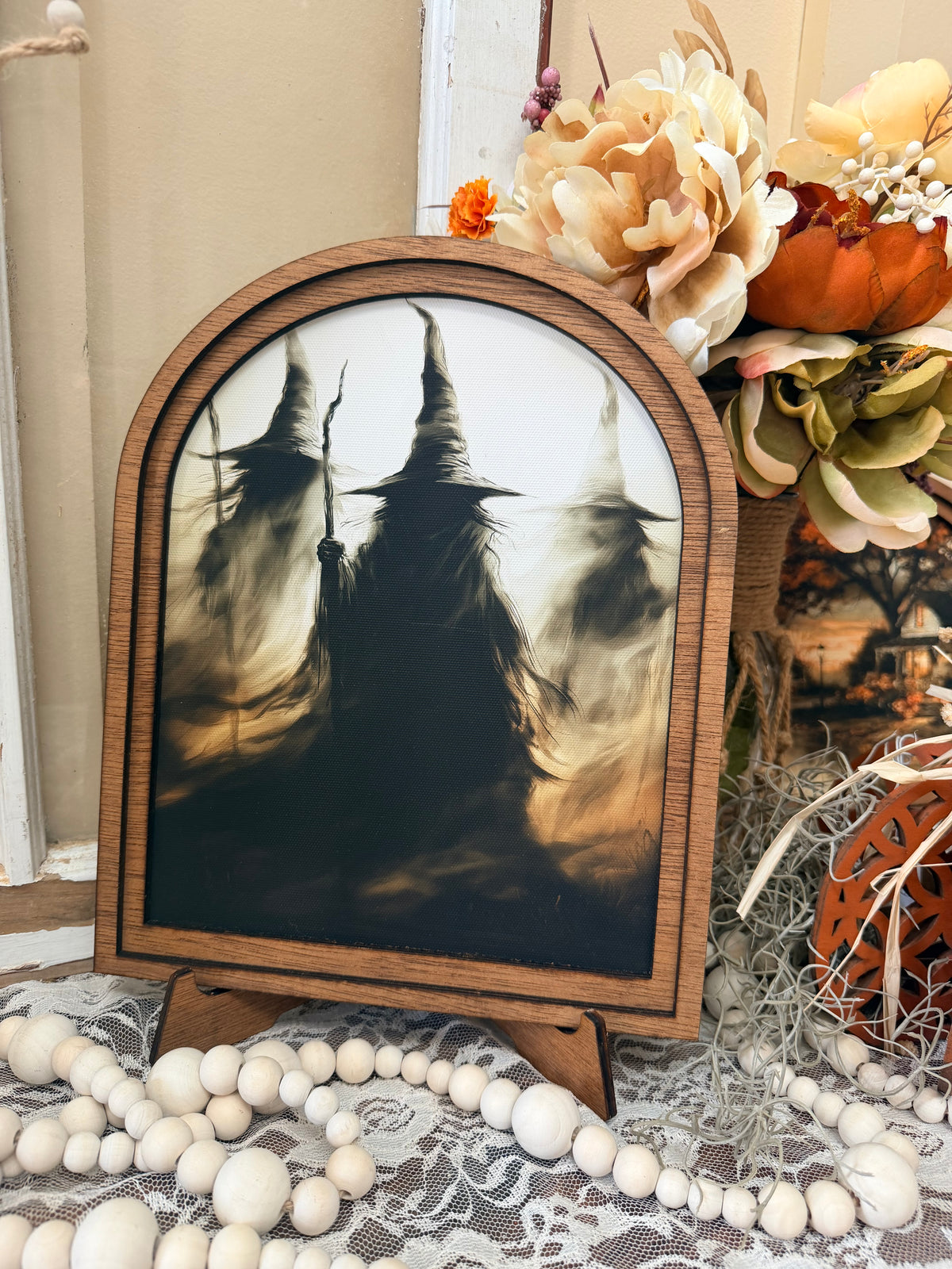 Wooden Arch Framed Halloween Witch Trio Canvas Home Accent