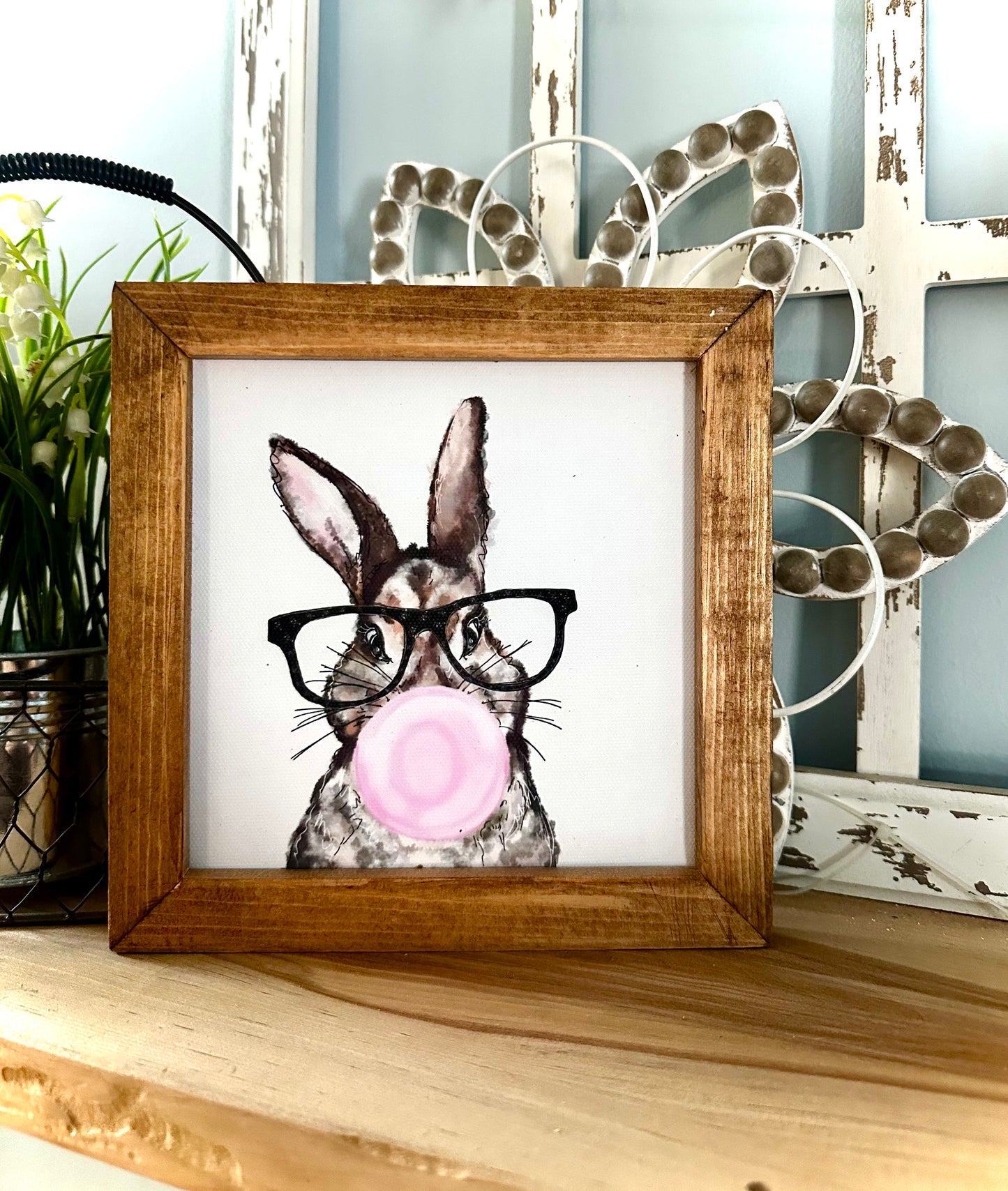 Whimsical Easter bunny bubble gum mini wood framed canvas print