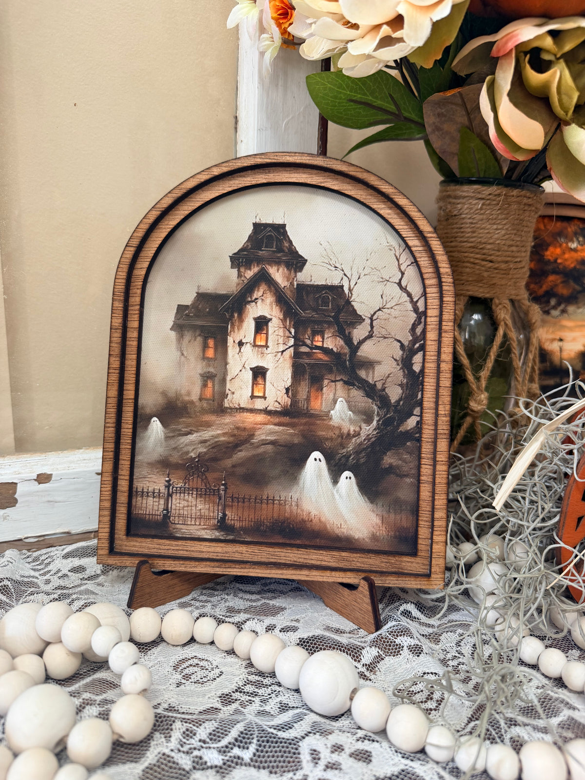 Wooden Arch Framed Halloween Haunted House Canvas Home Accent Decor