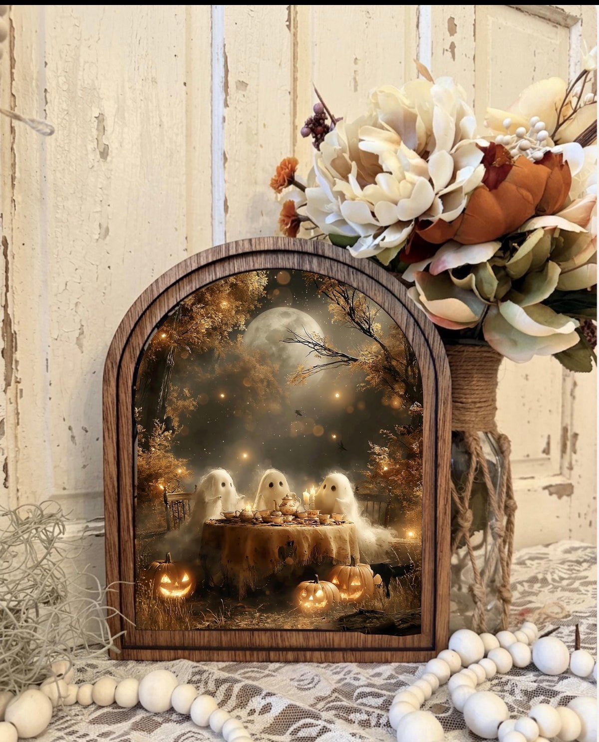 Wooden Arch Framed Halloween Ghostly Tea Party Canvas Home Accent Decor