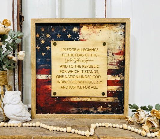 I Pledge of Allegiance distressed American flag framed canvas sign