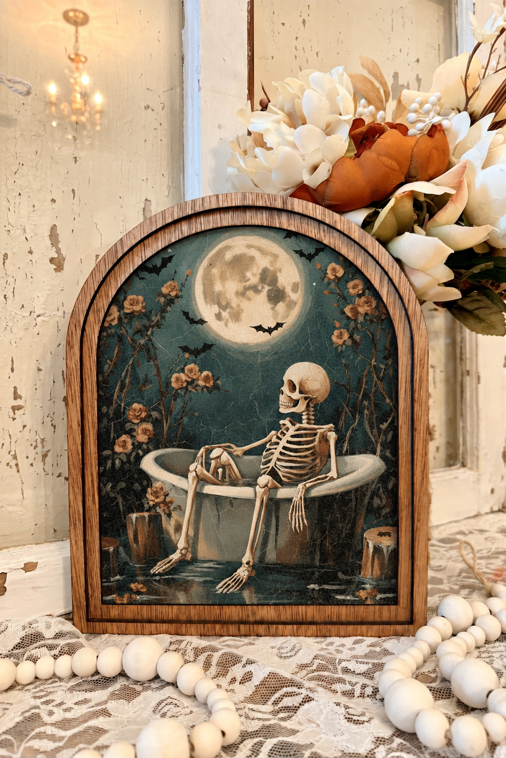 Wooden Arch Framed Halloween Skeleton Bathroom Canvas Home Decor Accent