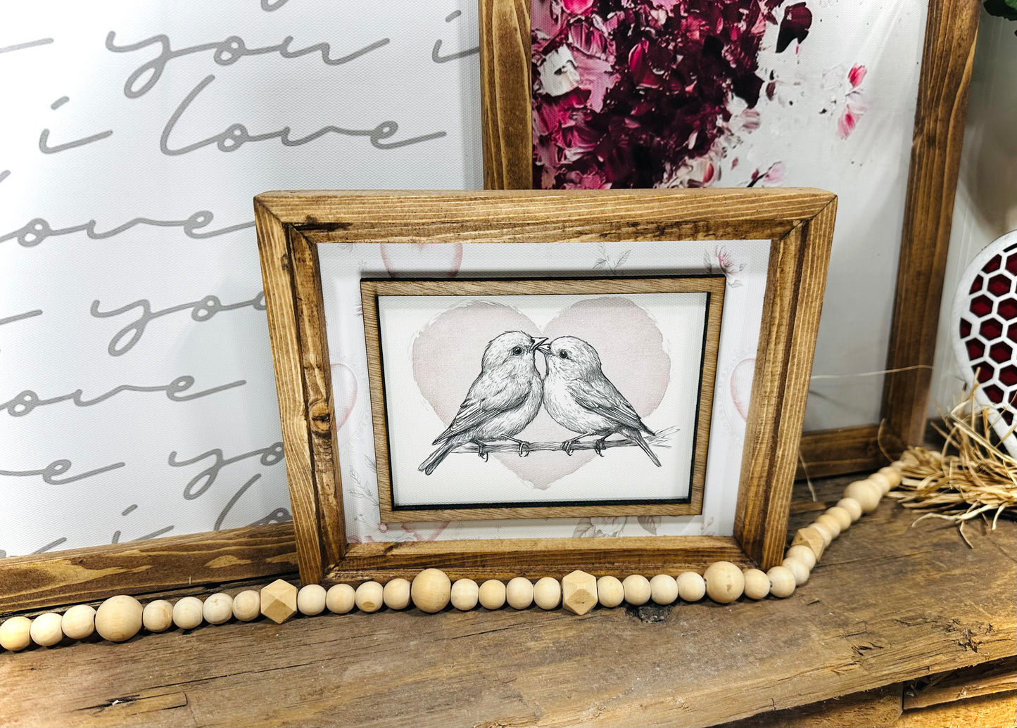 Love Birds Valentines Day inspired wood framed canvas sign