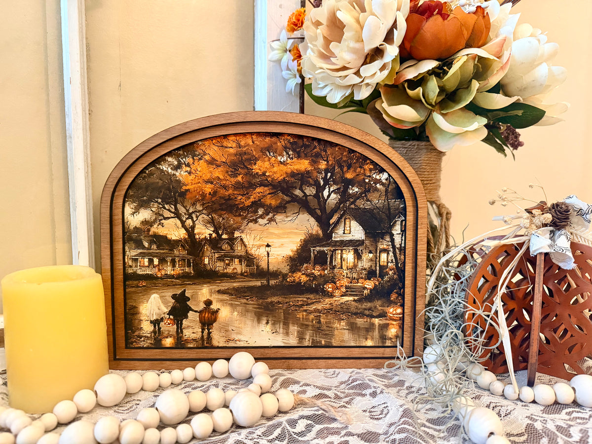 Wooden Arch Framed Halloween Trick or Treat Town Canvas Home Accent Decor