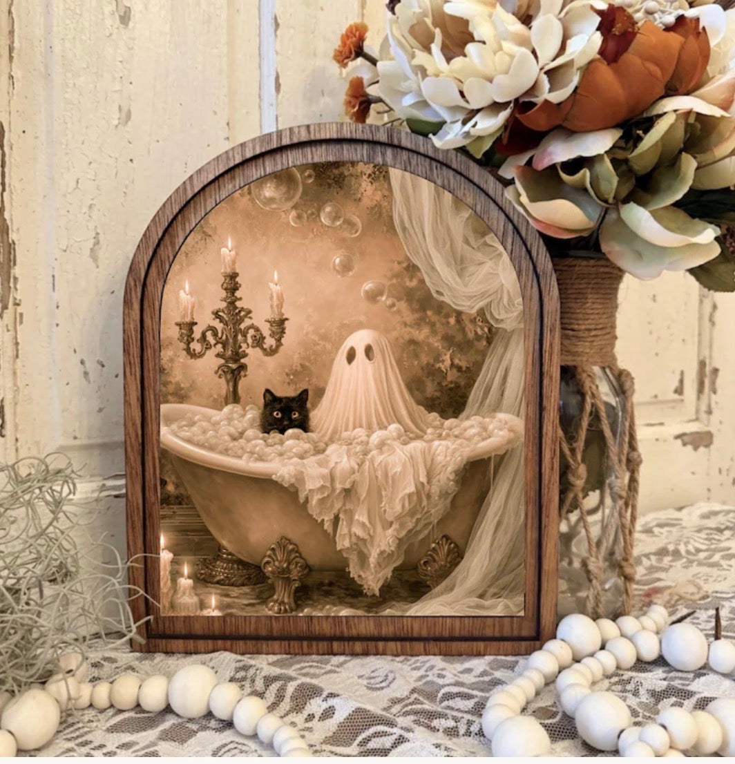 Wooden Arch Framed Halloween Ghost Car Bathroom Canvas Home Decor Accent