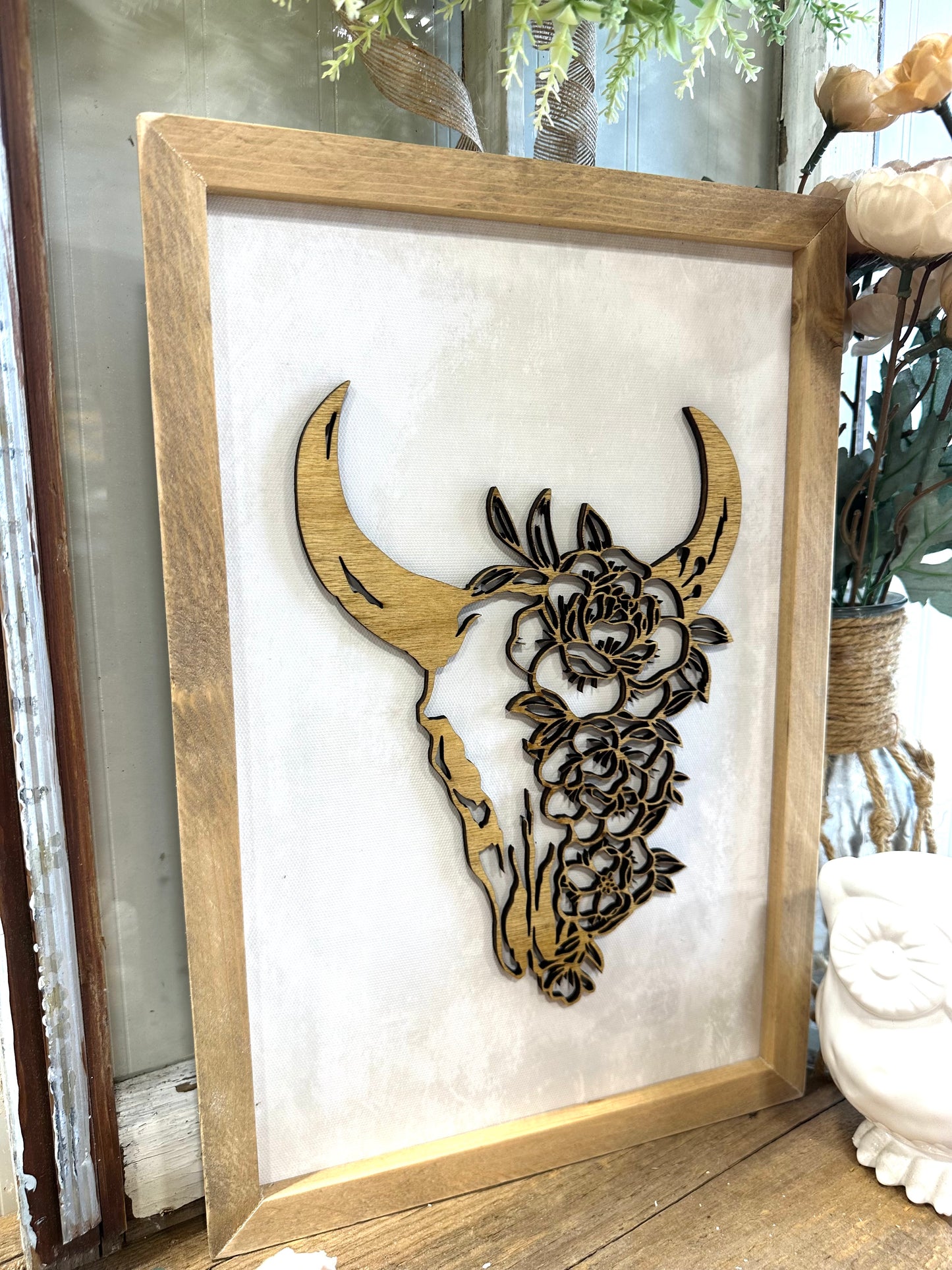 Floral bull skull wooden framed sign