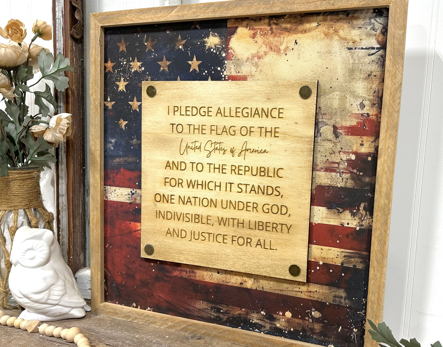 I Pledge of Allegiance distressed American flag framed canvas sign