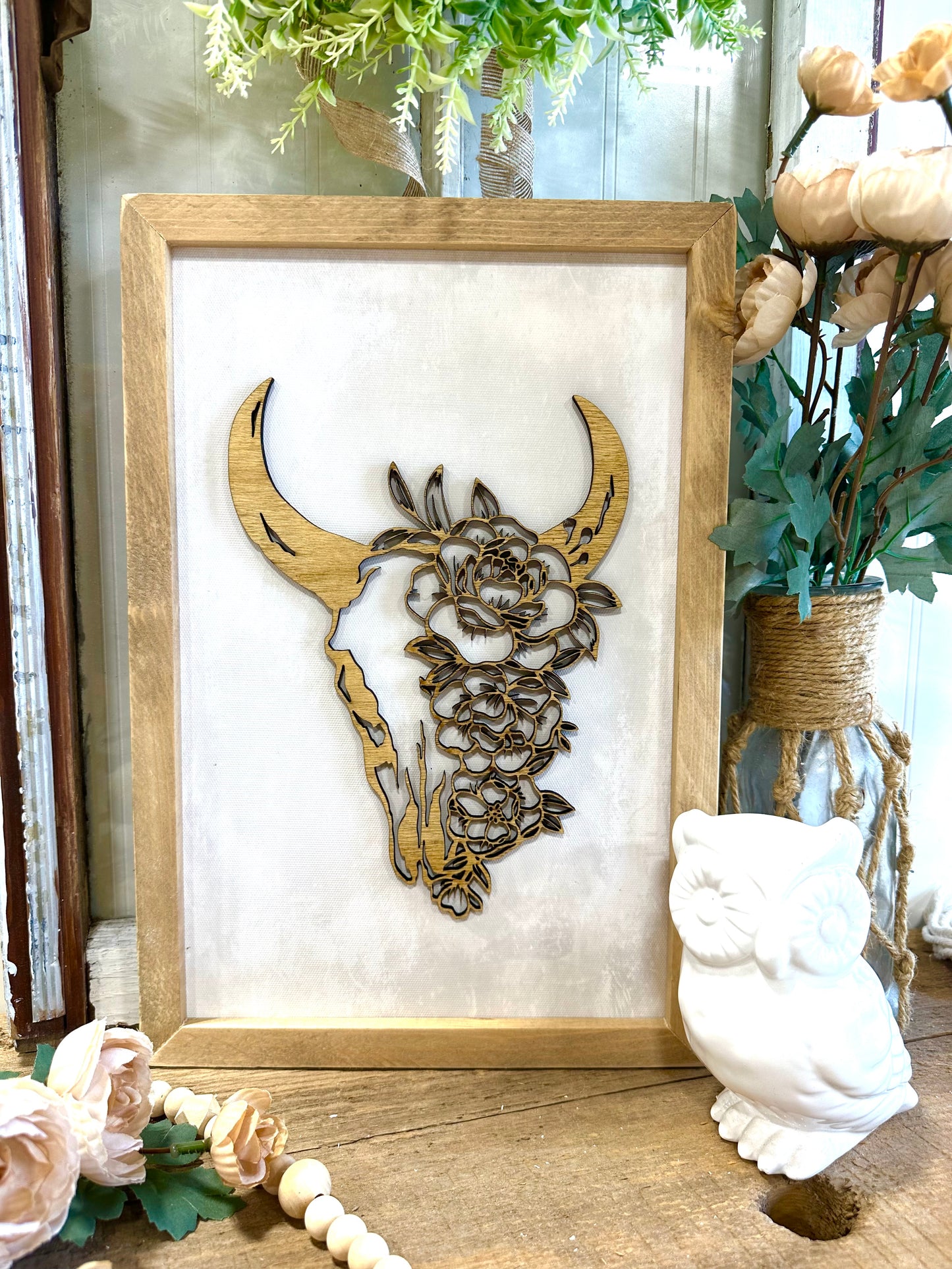 Floral bull skull wooden framed sign