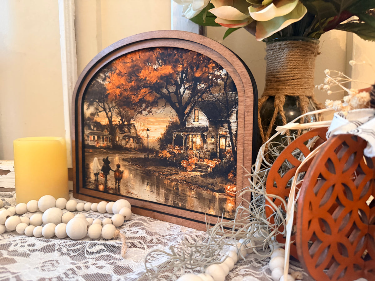 Wooden Arch Framed Halloween Trick or Treat Town Canvas Home Accent Decor