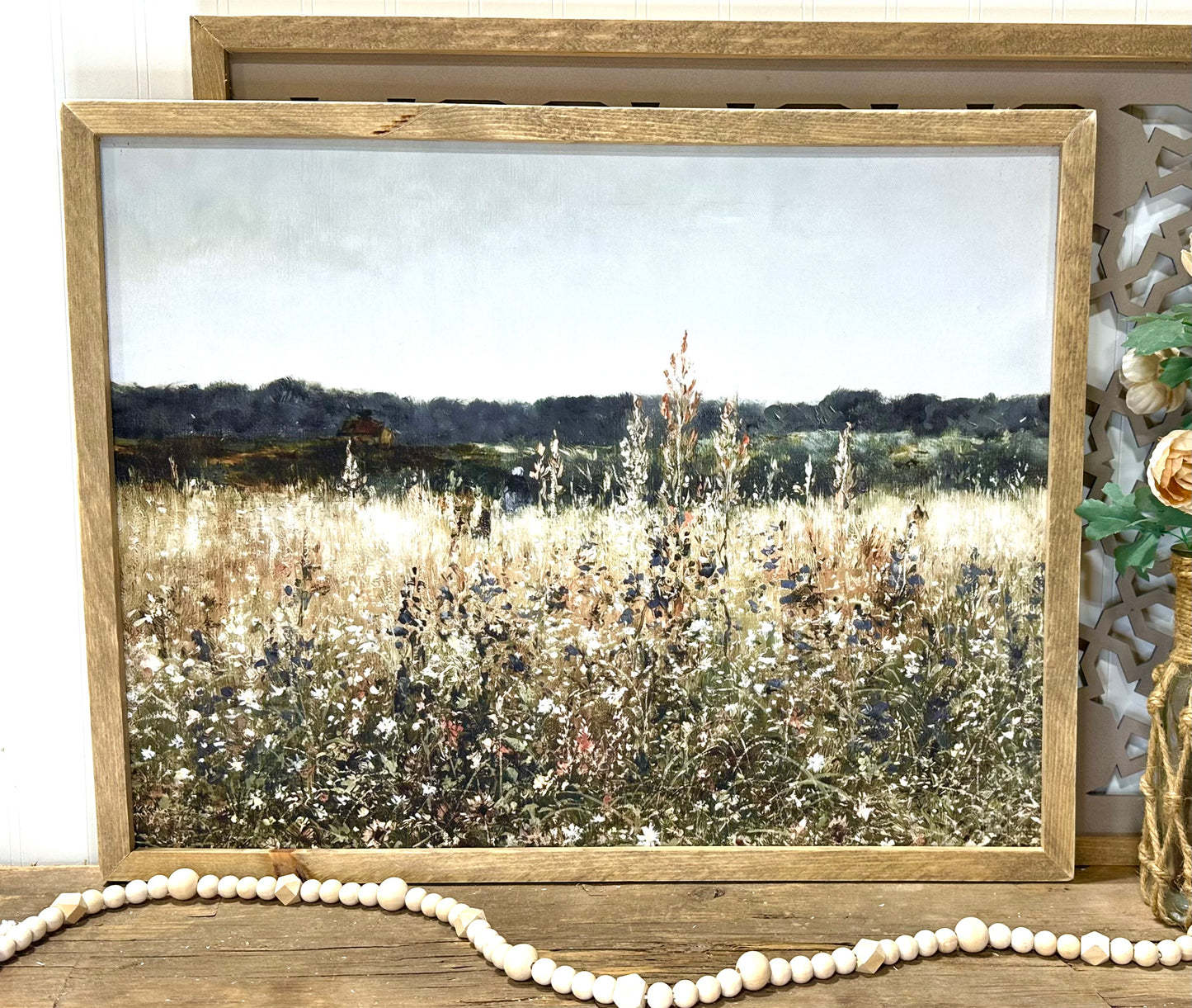 Watercolor vintage field wood framed canvas print